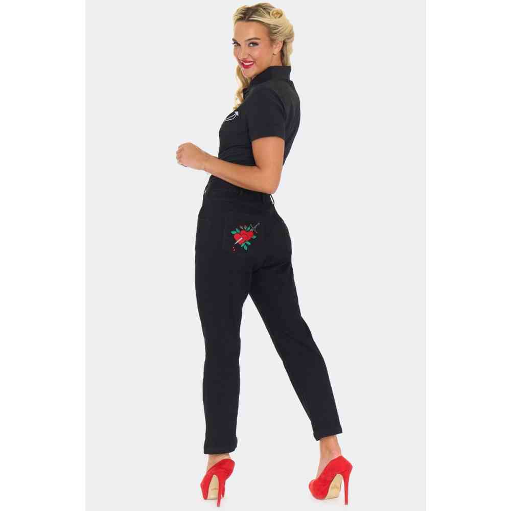 Voodoo Vixen - Heart & Dagger Embroidered Jeans Hose gerades bein - Schwarz